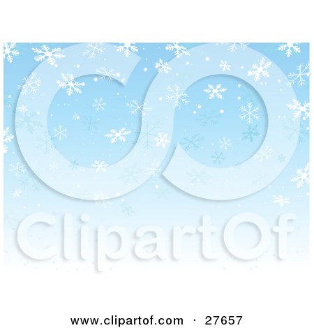 Clipart Illustration of a Gradient Blue Background Fading To White, With Falling Snowflakes by KJ Pargeter