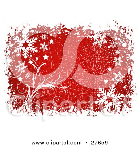 Clipart Illustration of a Grungy Scratched Red Background Of White Snow, Snowflakes And Grasses by KJ Pargeter