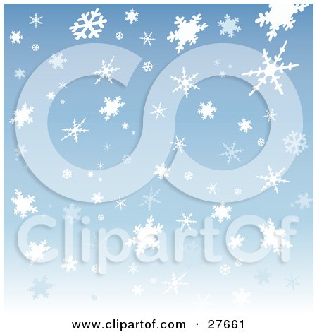 Clipart Illustration of a Patterned Background Of White And Light Blue Snowflakes Over Blue by KJ Pargeter