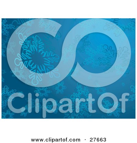 Clipart Illustration of a Wintry Blue Background Of Snowflakes Falling by KJ Pargeter