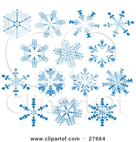 Clipart Illustration of a Group Of Blue Snowflakes With Delicate Patterns, Over White by KJ Pargeter