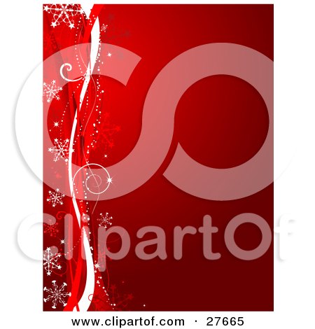 Clipart Illustration of a Curving Red And White Lines And White Snowflakes Along The Left Side Of A Gradient Red Background by KJ Pargeter