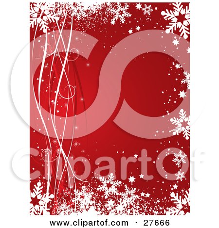 Clipart Illustration of a Red Background Bordered By White And Red Ribbons, Snow, Snowflakes And Stars by KJ Pargeter