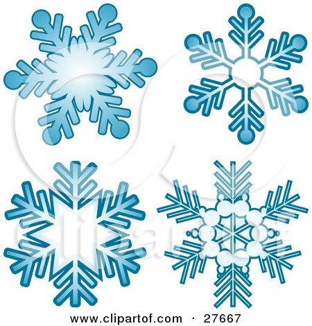 Clipart Illustration of Four Blue Snowflakes Over A White Background by KJ Pargeter