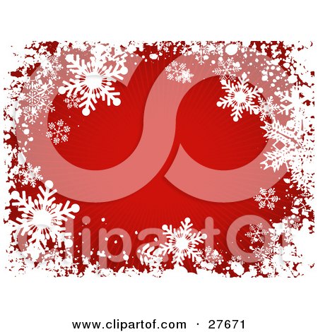 Clipart Illustration of a Bursting Red Background Bordered With White Grunge And Snowflakes by KJ Pargeter