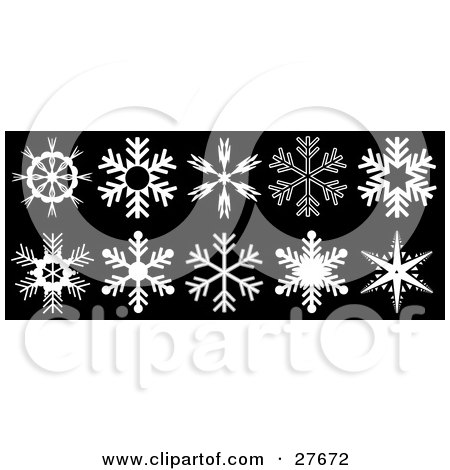 Clipart Illustration of a Collection Of Ten White Snowflakes With Unique Designs, Over Black by KJ Pargeter
