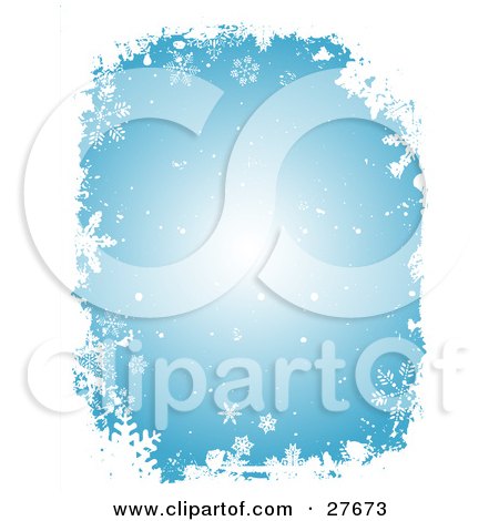 Clipart Illustration of a Blue Background Of White Falling Snow And Snowflakes With A White Grunge Border by KJ Pargeter