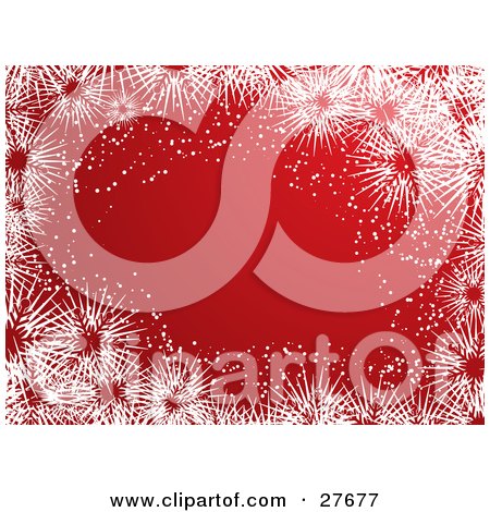 Clipart Illustration of a Border Of a White Border Of Icy Snowflakes And Snow Around A Red Background by KJ Pargeter