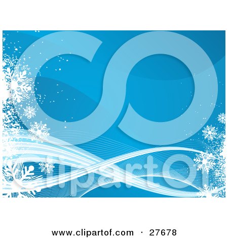 Clipart Illustration of a Blue Wave Background With White And Blue Lines And Snowflakes by KJ Pargeter