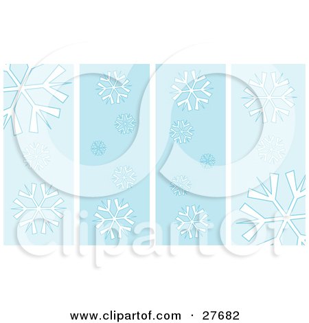 Clipart Illustration of a Background Of Four Vertical Spaces With White Snowflake Patterns by KJ Pargeter