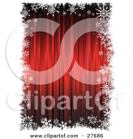 Clipart Illustration of a White Grunge Border Of Snowflakes And Stars Around A Blurred Red Background by KJ Pargeter