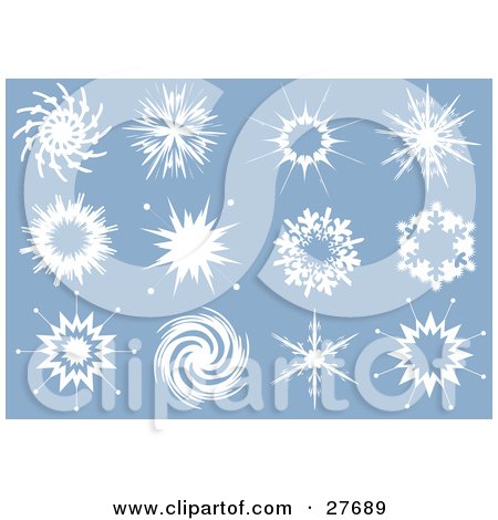 Clipart Illustration of a Collection Of Twelve Interesting White Snowflakes With Different Designs, Over Blue by KJ Pargeter