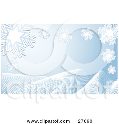 Clipart Illustration of White Snowflakes Over A Pale Blue Background With White Waves Along The Bottom by KJ Pargeter