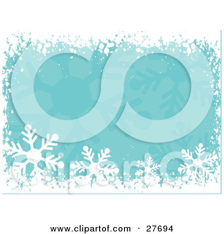 Clipart Illustration of a Border Of White Snow And Snowflakes Over A Green Background by KJ Pargeter