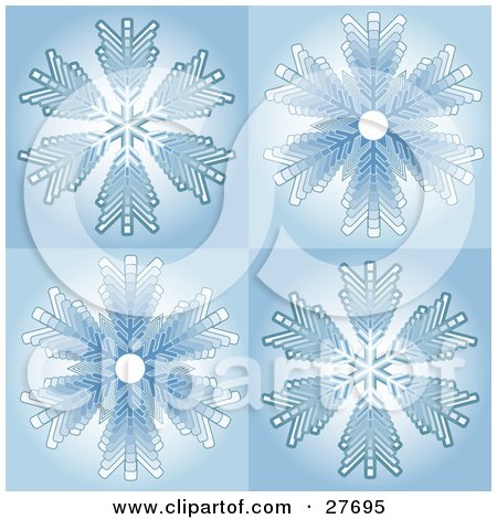 Clipart Illustration of Four Intricate Blue And White Snowflakes In Blue Squares by KJ Pargeter