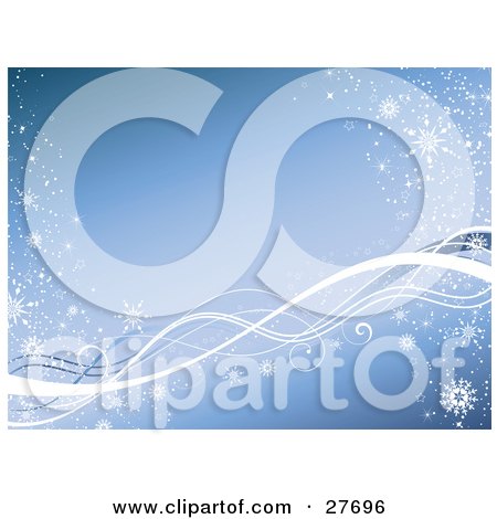 Clipart Illustration of a Blue Background With White Waves Along The Bottom, Snow And Snowflakes by KJ Pargeter