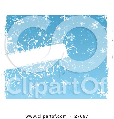 Clipart Illustration of a Blue Background With White Snowflakes And Snow, Bordered By White Grunge And A Blank Text Box With Flowers Along The Edges Of The Space by KJ Pargeter