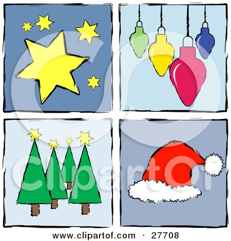Clipart Illustration of a Collection Of Four Blue Squares With Stars, Ornaments, Trees And A Santa Hat by KJ Pargeter