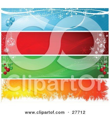 Clipart Illustration of a Collection Of Blue, Red, Green And Orange Website Headers Or Banners With Snowflakes And Ornaments by KJ Pargeter