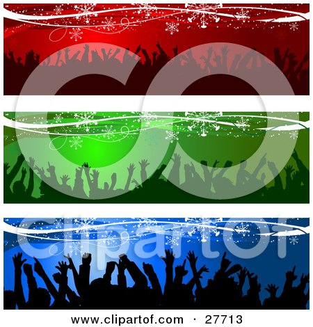 Clipart Illustration of a Collection Of Red, Green And Blue Website Headers Or Banners With Silhouetted Crowds Dancing And Snowflakes by KJ Pargeter