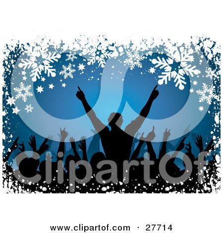 Clipart Illustration of Silhouetted People Holding Their Arms Up At A Concert, Over A Blue Background Bordered With White Snowflakes And Stars by KJ Pargeter