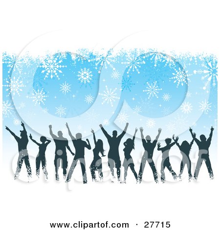 Clipart Illustration of Silhouetted People Dancing At A Christmas Party, Over A Blue Background With White Snowflakes by KJ Pargeter