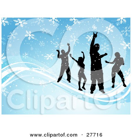 Clipart Illustration of Four Silhouetted People Dancing On Waves Over A Blue Background With Falling White Snowflakes by KJ Pargeter