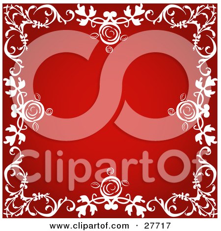 Clipart Illustration of a Red Scrapbook Background Bordered By White Flourishes With Roses by KJ Pargeter