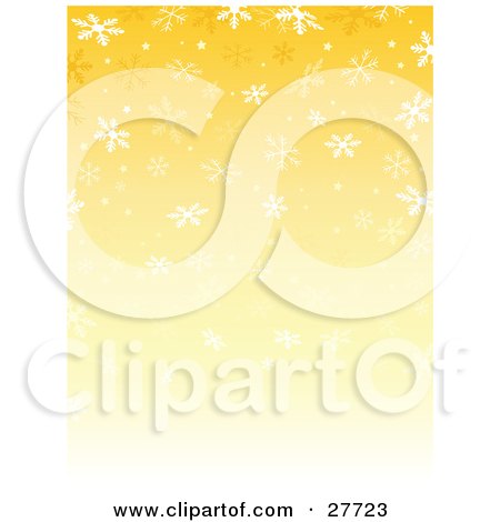 Clipart Illustration of a Gradient Yellow Background With Falling White Snowflakes by KJ Pargeter