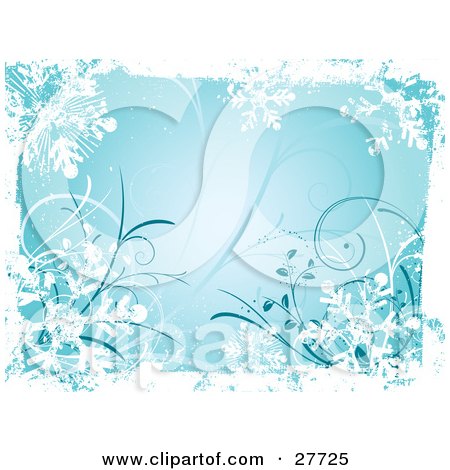 Clipart Illustration of a Blue Wintry Background Of White Snowflakes And Curly Vines by KJ Pargeter