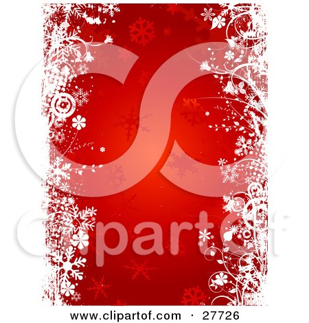Clipart Illustration of a Faded Red Snowflake Background With Left And Right Borders Of White Snowflakes, Flowers And Circles by KJ Pargeter