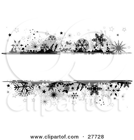 Clipart Illustration of a Black And White Grunge Background Of Black And Gray Snowflakes And Stars Bordering A Blank White Text Box In The Center by KJ Pargeter