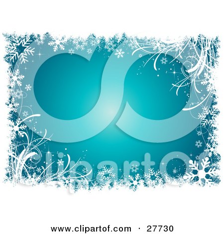 Clipart Illustration of a Blue Background With A Bright Center, Bordered By White Grasses And Snowflakes by KJ Pargeter