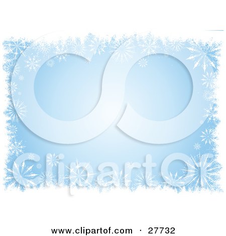 Clipart Illustration of a White Border Of Delicate Snowflakes Over A Pale Blue Background by KJ Pargeter