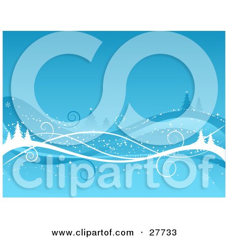 Clipart Illustration of White And Blue Waves With Trees And Hills Over A Blue Wintry Background by KJ Pargeter