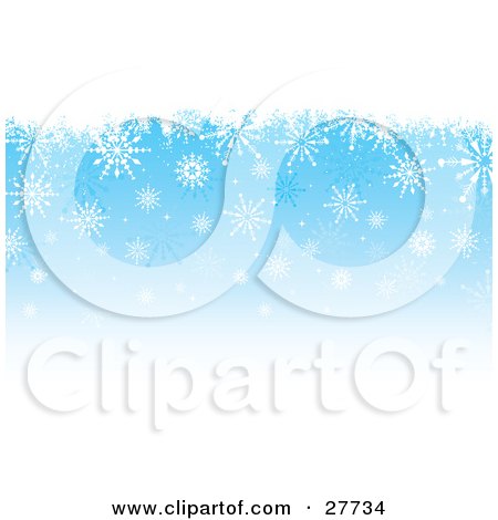 Clipart Illustration of a Blue Background Fading Into White, With A Top Border Of White Grunge And Falling Snowflakes by KJ Pargeter