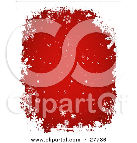 Clipart Illustration of a Grungy White Border With Snow And Snowflakes Over Red by KJ Pargeter