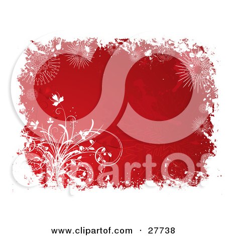 Clipart Illustration of a Border Of a Red Horizontal Winter Background Bordered By White Flowers, Plants, Snowflakes And Grunge by KJ Pargeter