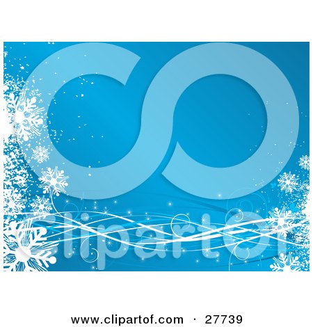 Clipart Illustration of White Snowflakes And Ribbons Bordering A Blue Gradient Background by KJ Pargeter
