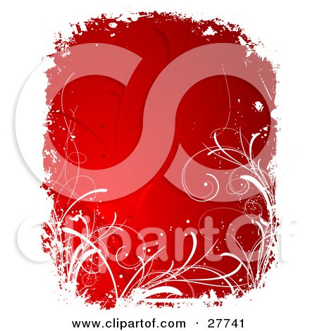 Clipart Illustration of a Border Of a Vertical Red Winter Background Bordered By White Grasses And Grunge by KJ Pargeter