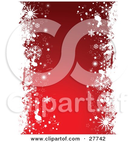 Clipart Illustration of White Borders Of Stars, Grunge And Snowflakes On The Left And Right Sides Of A Red Background by KJ Pargeter
