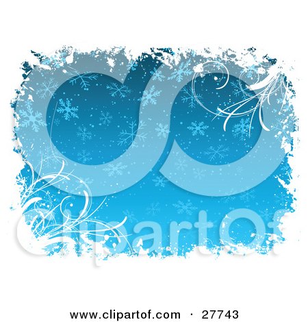 Clipart Illustration of White Grasses And Grunge Bordering A Blue Background With Snowflakes by KJ Pargeter