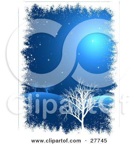 Clipart Illustration of Bare Trees In A Hilly Winter Landscape, Under A Dark Blue Starry Night Sky, Bordered By White Grunge by KJ Pargeter