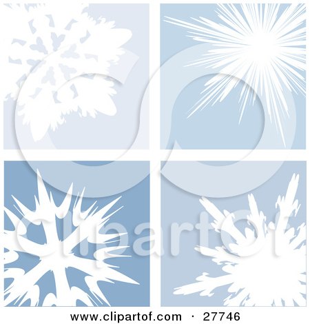 Clipart Illustration of Four Unique White Snowflakes In Blue Squares by KJ Pargeter