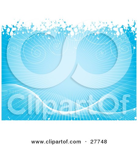 Clipart Illustration of a Horizontal Blue Winter Background Of A Burst Of Light With Grids, Swirls And Snow by KJ Pargeter