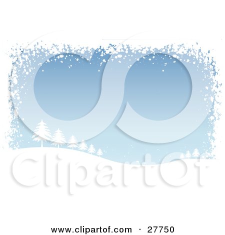 Clipart Illustration of a Silhouetted Snow Covered Hill Of Evergreen Trees Over A Blue Background, Bordered By White Snow by KJ Pargeter