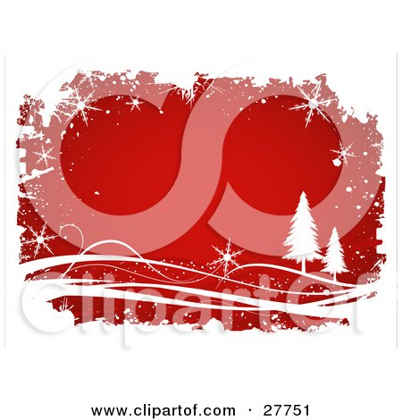 Clipart Illustration of a Red Background Bordered By White Grunge, Snowflakes, Waves And Evergreen Trees by KJ Pargeter