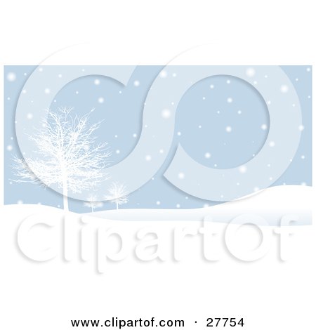 Clipart Illustration of Thick Snow Falling Over A Hilly Landscape With White Bare Trees by KJ Pargeter
