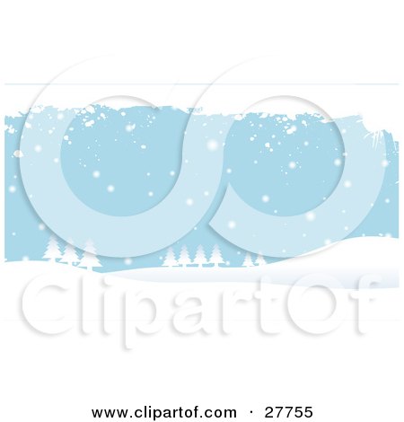 Clipart Illustration of White Snow Falling Over Evergreen Trees And Hills With A Blue Background by KJ Pargeter