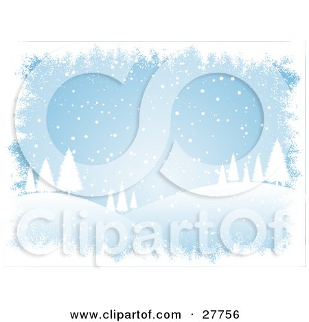 Clipart Illustration of Snow Falling Over A Hilly Landscape With White Silhouetted Evergreen Trees by KJ Pargeter